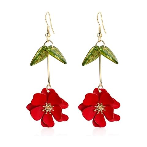 Vavhoo Boho Flower Dangle Earrings for Women Cute Green Leaf Earrings Fairy Statement Summer Refreshing Seaside Idyllic Holiday Earrings (Red) Cover