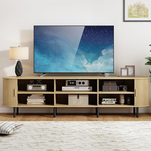 Image of 86.6 inch TV Stand with Power Outlet, Mid-Century Modern Television Stand, Fluted Media Console with Sliding Doors, Entertainment Center for TVs up to 90 Inch, Adjustable Shelves, Oak