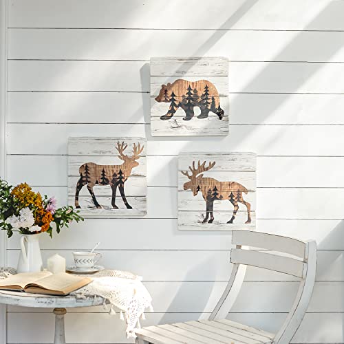 Nikky Home Cabin Wall Decor, Bear Deer Moose Rustic Farmhouse Wooden Bathroom Wall Art Pictures, Country House Elk Animal Woodland Lodge Wildlife Painting Prints Hunting Decoration Set Of 3 #TOP1