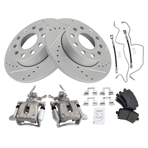 Image of TRQ Performance Rear Brake Pad and Rotor Set Semi Metallic Slotted Drilled 260mm Rotors Calipers Compatible with 2005 Volkswagen Jetta
