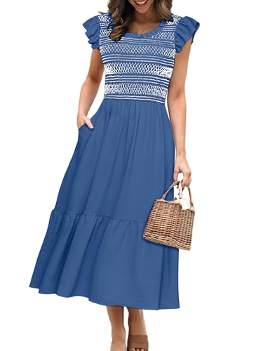 Image of Simplee Womens Summer Midi Dress Casual Boho Smocked Waist Flutter Sleeve A Line Flowy Tiered Dress with Pockets