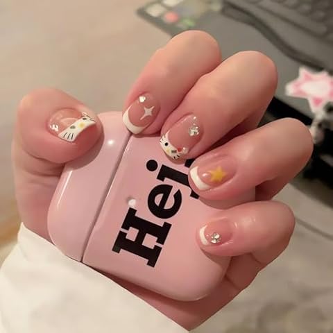 IMSOHOT Short Press on Nails Square Fake Nails White French Tips False Nails with Kitten Print Designs Cute Glossy Glue on Nails 24Pcs Rhinestone Star Stick on Nude Nails for Women and Girls Cover