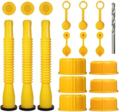 19 pcs Gas Can Spout Replacement Set, Gas Can Nozzle 5 Gal ，3 Bendable Tubes，3 Screw Collar Coarse Thread &3 Fine Thread-Fits Most of The Cans,3 Threaded caps ，6 Vent Caps 1 Drill Lid