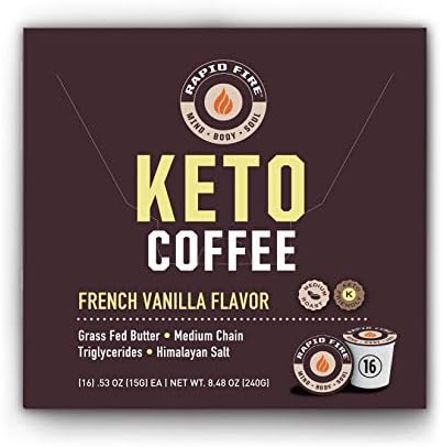 Rapidfire French Vanilla Ketogenic High Performance Keto Coffee Pods, Supports Energy & Metabolism, Weight Loss, 16 Single Serve K Cup Pods, Brown, French Vanilla, 16.0 Count