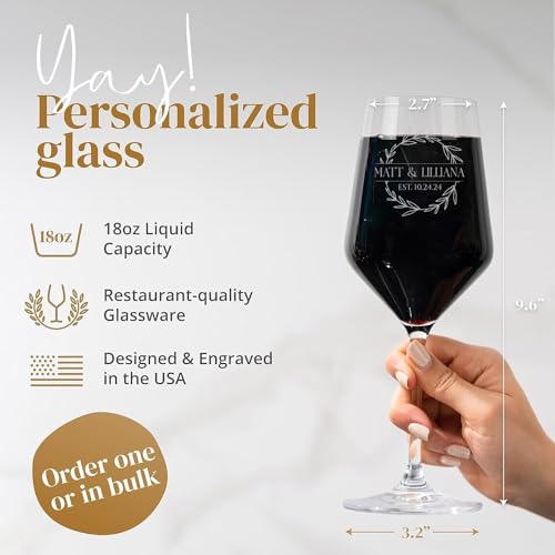 Personalized Monogram Crystal Wine Glass with Your Custom Text - Great Gift for Wedding, Anniversary, Engagement and Bridal Shower (4 Pack, Wreath Design)