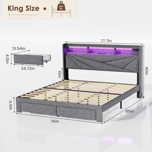 LED King Size Bed Frame with 2 Storage Drawers, Upholstered King Bed Frame with Headboard and Charging Station, No Box Spring Needed, Easy to Assembly-Light Grey