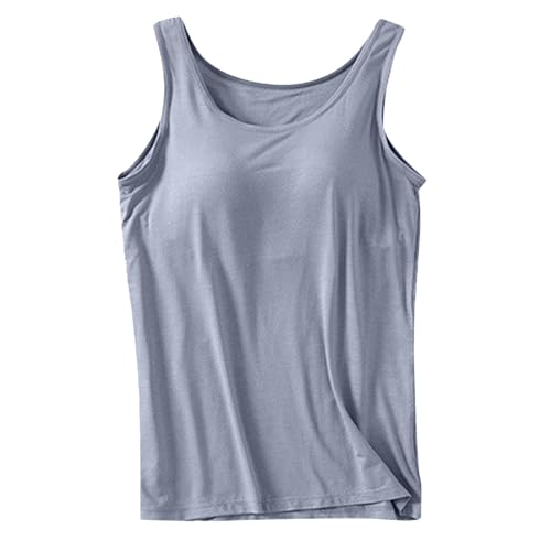 Camiseta sin mangas para mujer con brasier integrado, para gimnasio, cuello redondo, sin mangas, bonitas, para entrenamiento, primavera, salir, atletismo, color sólido, casual, deportes, verano, gris