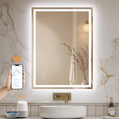 ENZE 24" x 32" Smart LED Bathroom Mirror with Lights, WiFi & Alexa Voice Control, Anti-Fog Wall-Mounted Vanity Mirror, Dimmable 3-Color, Plug-in/Hardwired, Horizontal/Vertical