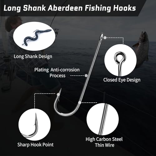 FishTrip 100 Pack Aberdeen Fishing Hooks Freshwater, Long Shank Light Wire Worm Hooks - Live Bait Hooks for Sunfish Bass Trout Crappie Bream Panfish Bluegill Size 4 - Thumbnail 2