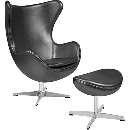 Emma + Oliver Gray Leather Swivel Egg Chair with TiltLock Mechanism and Ottoman