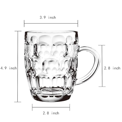 TUSAPAM Dimple Stein Beer Mug Set, 20 oz Beer Glasses with Handle, Glass Beer Mugs, Dishwasher and Freezer Safe, Clear and Sturdy, Set of 6