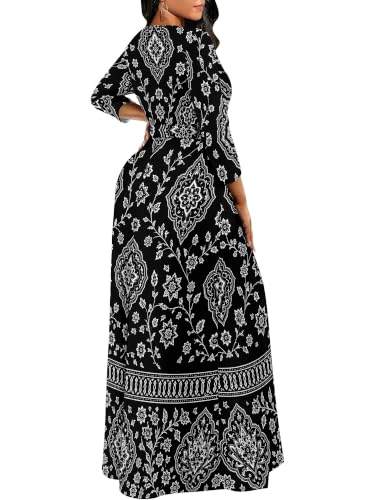 Image of Women Plus Size Long Sleeve V Neck Maxi Dress with Belt | Soft fabric relaxed fit three quarter sleeve v neck with pockets for party and daily wear