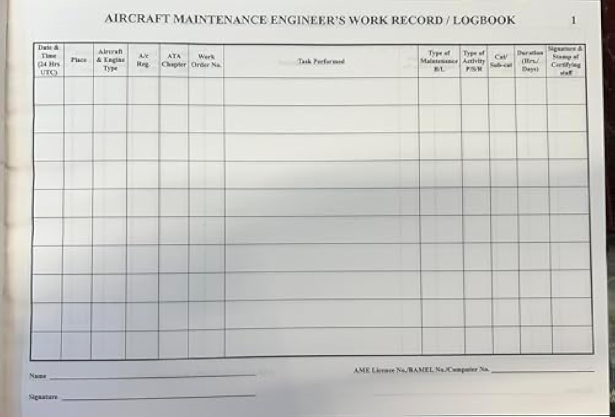 AME Logbook DGCA Format CAR 66 with Location and Task Details