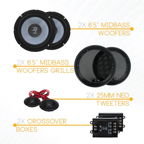 TTZ Audio Omega Series Car Audio 6.5\" Inch 2-Way Component Speakers Set, Black, Glass Fiber Cone, 25mm Pure Copper Voice Coil, 280 Watts Powered Premium Sound