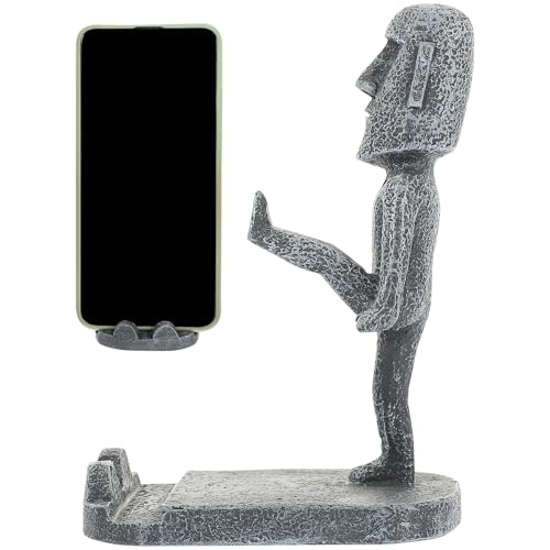 Healifty Support de Téléphone Portable de Bureau en Résine Solide, Support pour Tablette PC Moaï Gris Noir Fente Antidérapante, Accessoire Décoratif Original pour Téléphones et Tablettes,