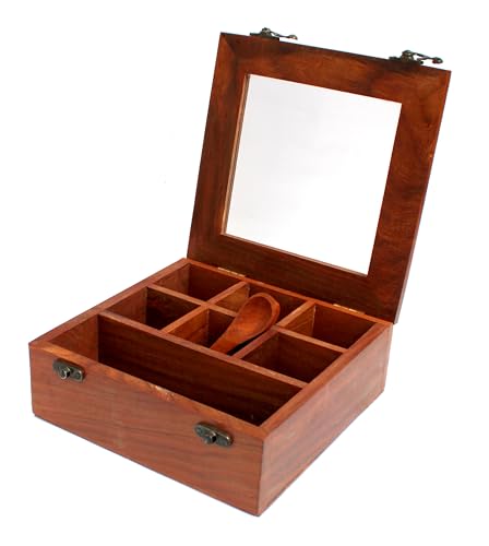 Image of ESPLANADE Wooden Masala Daani Spice Box with Transparent Top | Kitchen Spice Box Set with Wooden Spoon - 8 inch x 8 inch x 3 inch Inches - Brown | Wooden Decorative Box | Spice Organizer
