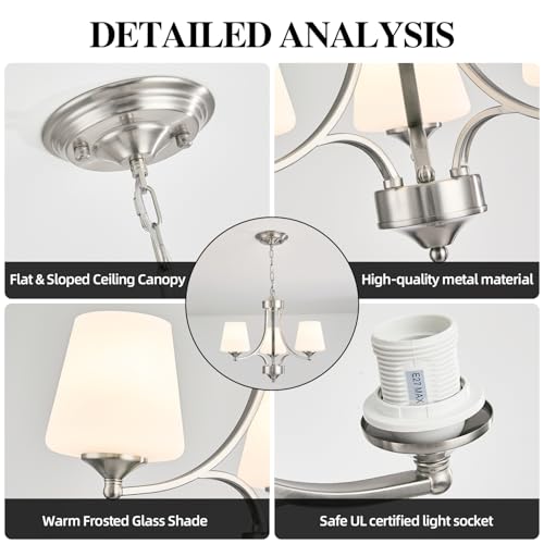 Image of Brushed Nickel Dining Room Light Modern Sliver Chandelier with Frosted Glass, 3-Light Metal Farmhouse Kitchen Island Light Fixtures E26 Hanging Pendent Lighting for Living Room, Kitchen, Foyer