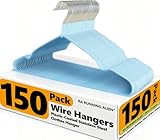 150 Pack Clothes Hangers,Non Slip Blue Plastic Coated Metal Coat Hanger for Closet,Sturdy Thin Hangers Bulk Space Saving Hangers for Pants,Skirt,Shirt,Dress,Tie