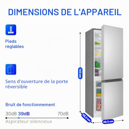 Bomann Réfrigérateur et congélateur 175L inox KG322-1-inox, Capacité nette : 175 litres, Contrôle de la température en continu, Charnières de porte à droite, interchangeables, Pieds réglables
