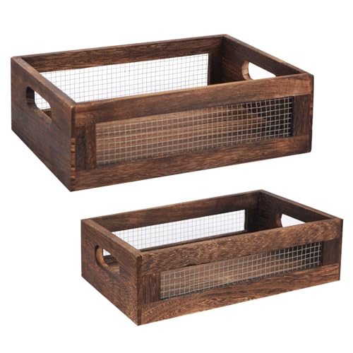 Rustic Wooden Storage Baskets, Nesting Design with Wire Mesh, Set