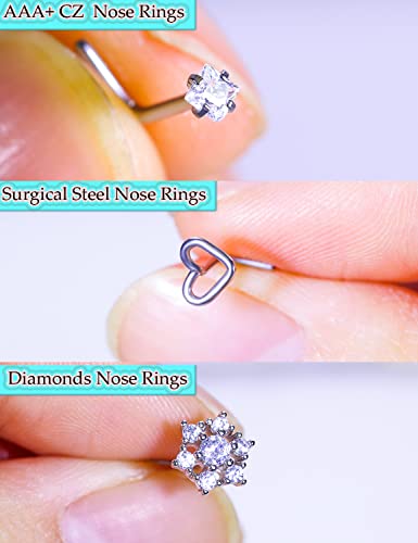 Prjndjw 20G Surgical Steel Nose Rings For Women Men Hypoallergenic Nose Piercing Indian Cute Cz Diamond Small Silver Heart Star L Shape 20 Gauge Hight Nostril Nose Rings Studs Piercing Jewelry #TOP2