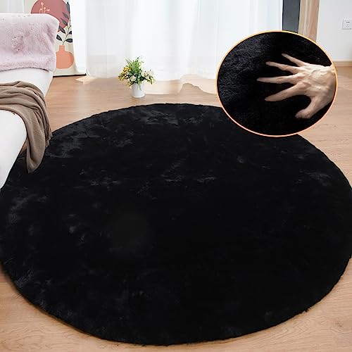 Round Rugs 6ft Faux Rabbit Fur Rug Fluffy Rug for Bedroom Black Faux Fur Machine Washable Area Rugs Living Room Teen Room Home Decor