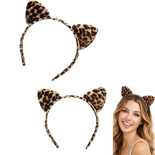 Image of 2PCS Leopard Print Cat Ear Headbands for Women, Cosplay Hair Bands