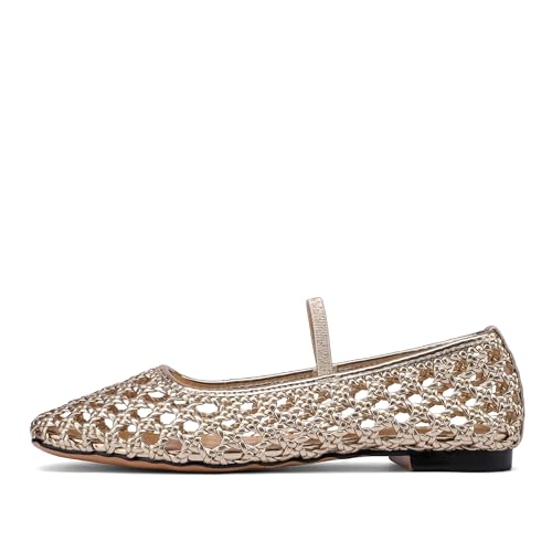 Image of Woven Mesh Ballet Flats Shoes for Women with Elastic Strap Square Toe Breathable Slip On Flat Mary Janes Dress Casual Shoes
