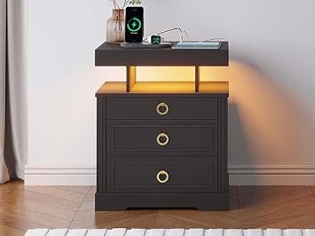 Nightstand with Gun Drawer,LED Bedside Table with Charging Station,Modern Night Stand with Human Sensor Design,Smart End Table for Bedroom Living Room,Black
