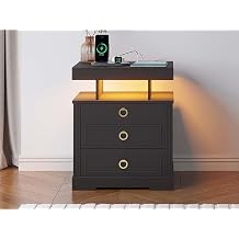 Nightstand with Gun Drawer,LED Bedside Table with Charging Station,Modern Night Stand with Human Sensor Design,Smart End Table for Bedroom Living Room,Black