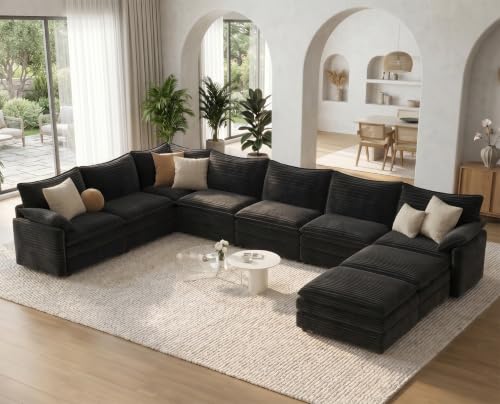 Image of Vesgantti Large Modular Sectional Sofa, Big Comfy Cloud Couch with Ottoman Deep Seat Corduroy Cloud Sofa, 9 Seater Large Sectional Couches for Living Room, Bedroom and Apartment, Black