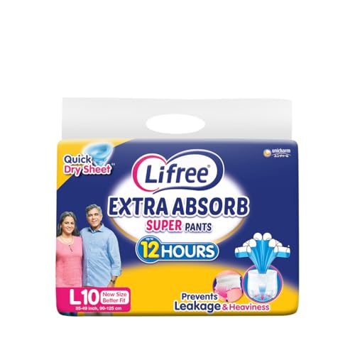 Lifree Unisex Adult Extra Absorb Super Adult Diaper Pants | Size L | Waist (35-49 Inches) |Upto 12 Hours Absorption | Prevents Leakage & Heaviness | With Quick Dry Sheet | 10 Count