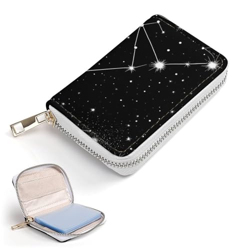 Womens Credit Card Wallet, Portable Mini Zipper Purse Zodiac Constellation Galaxy Black Starry Night Stars Glow Dark Midnight Card Holder Pu Leather Travel Organizer Bag2