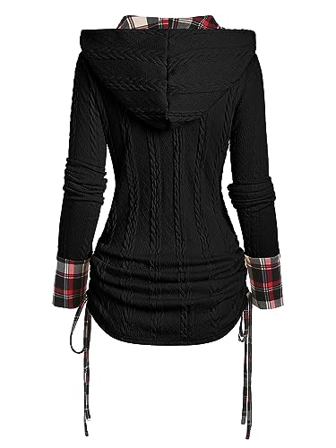 Image of ZEZCLO Women's Twisted Cable Knit Plaid Print Hooded Sweater Mock Button Ruched Shawl Neck Knit Top