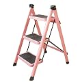 3 Step Ladder Folding with Wide Anti-Slip Pedal Lightweight and Portable for Kitchen Space Saving (Pink)