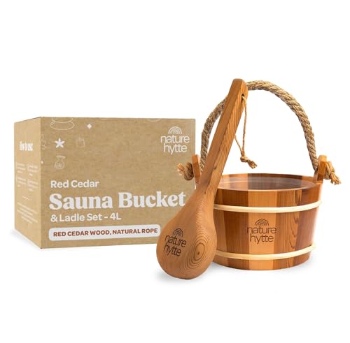 Nature Hytte Red Cedar Sauna Bucket and Ladle Set 4L (1 Gallon) - Natural Rope Handle - Premium Red Cedar Wood - Natural Aroma - Elegant Gift-Ready Packaging