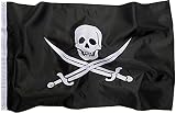 Pirate Flag 3x5 FT – Outdoor Nylon Jolly Roger (Calico Jack) with Double-Sided Embroidery, Skull & Crossed Swords Design, Heavy-Duty Canvas Header & Brass Grommets for Boats or Home Display
