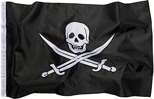 Pirate Flag 3x5 FT Outdoor Nylon Jolly Roger (Calico Jack) with Double-Sided Embroidery Skull & Crossed Swords Design Heavy-Duty Canvas Header & Brass Grommets for Boats or Home Display