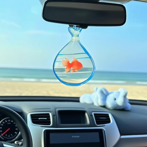 Goldfish in A Bag Car Charm,Cute Goldfish Car Hanging Ornament Pendant,Summer Fish Beach Decor Rear View Mirror Accessories for Women Men