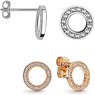 Baobei silver earrings sets for women, 2 pairs rose gold Sterling Silver Zirconia round Stud Earrings Sets for girls, open circle Studs earrings, friendship birthday gift, jewellery gifts for women