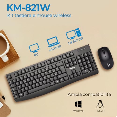 Vultech KM-821W Kit Tastiera e Mouse Wireless 2.4ghz 1600 Dpi Regolabili - 6