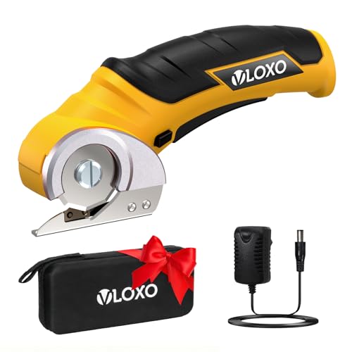 VLOXO Cordless Cardboard Cutter, Electric Scissors for Cardboard with Safety Lock, Power Rotary Scissors Multi-Cutting Tools, Rechargeable Box Cutter Electric for Carpet Leather (Yellow)