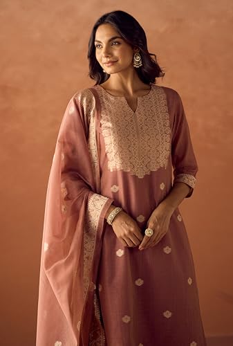 Image of FIORRA Women Cotton Jacquard Woven Kurta Set with Dupatta