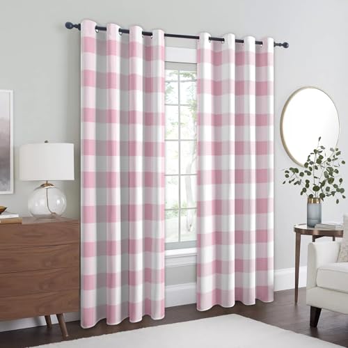 Checkered Plaid Blackout Curtains, 90 Drop, Pink and White Gingham Printed Curtains for Living Room, Bedroom, Eyelet Drapes for Window Home Decor, 66x90 Inch 2 Panels l5ax1-133 - Image 2