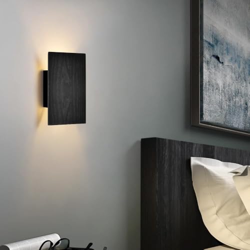 Image of Black Wall Lights for with Switch,Nature Wood Wall Lamp Modern Design,Vintage Led Flat Wall Sconce Up and Down Indoor for Bedroom,Hallway,Hotel,Retro Night Lamp Warm White,8w,1pack