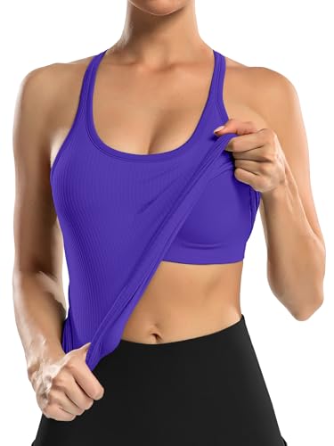 Image of ATTRACO Ribflex Ribbed Workout Tank Tops for Women with Built in Bra Racerback Scoop Neck Athletic Top
