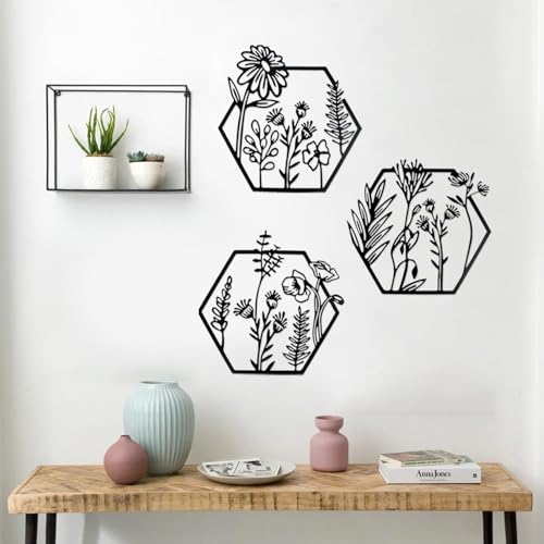 xiruiubao Decoracion Pared Metal,Flores Murales Decorativos Pared,3 Piezas Negro Adornos Pared Metalicos,Abstracto Flor Linea Cuadros de Metal para Dormitorio,Salon,Oficina,Cuadro Decorativo,Wall Art