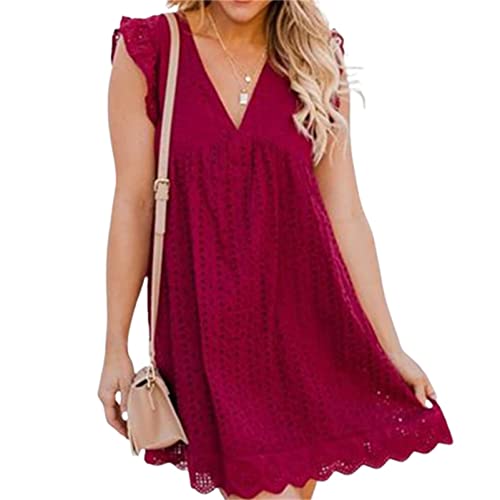 AELSON Women's Sexy Summer V Neck Dress with Short Loose Ruffle Sleeve California Romper Dress Small Red