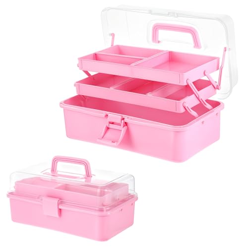 Image of Molain 3-Layer Multipurpose Storage Box, 13Inches Folding Tool Box, Medicine Box Family First Aid Box with 2 Trays, Art & Crafts Case Sewing Supplies Organizer for Art Craft and Cosmetic(Pink)