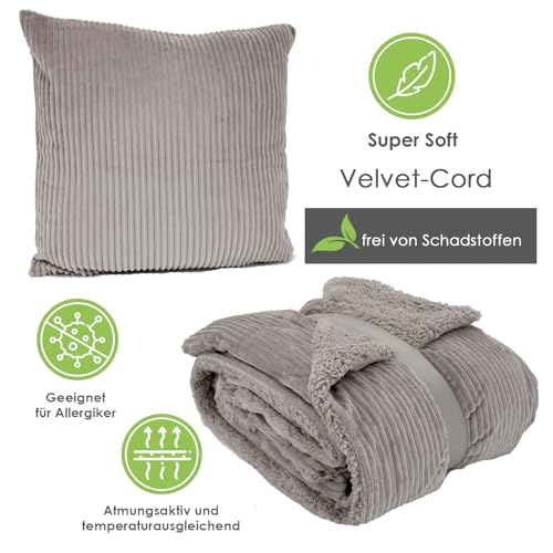heimtexland super Dicke Cord Kuscheldecke mit flauschigem Sherpa Fell Wohndecke 200x150 Decke elegant Kuschelweich Geschenkidee Weihnachten Typ767 Taupe